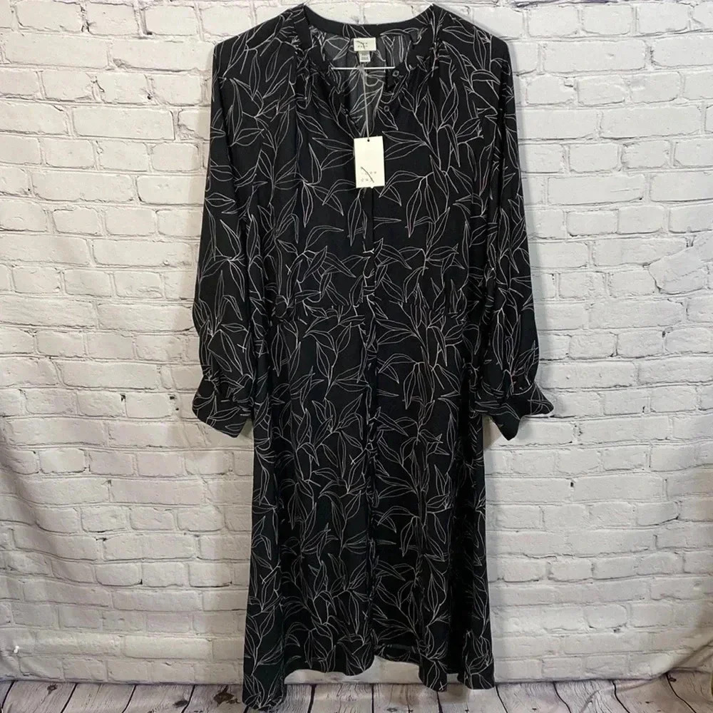 A New Day Black Leaves Shirtwaist Button Up Long Sleeved Dress